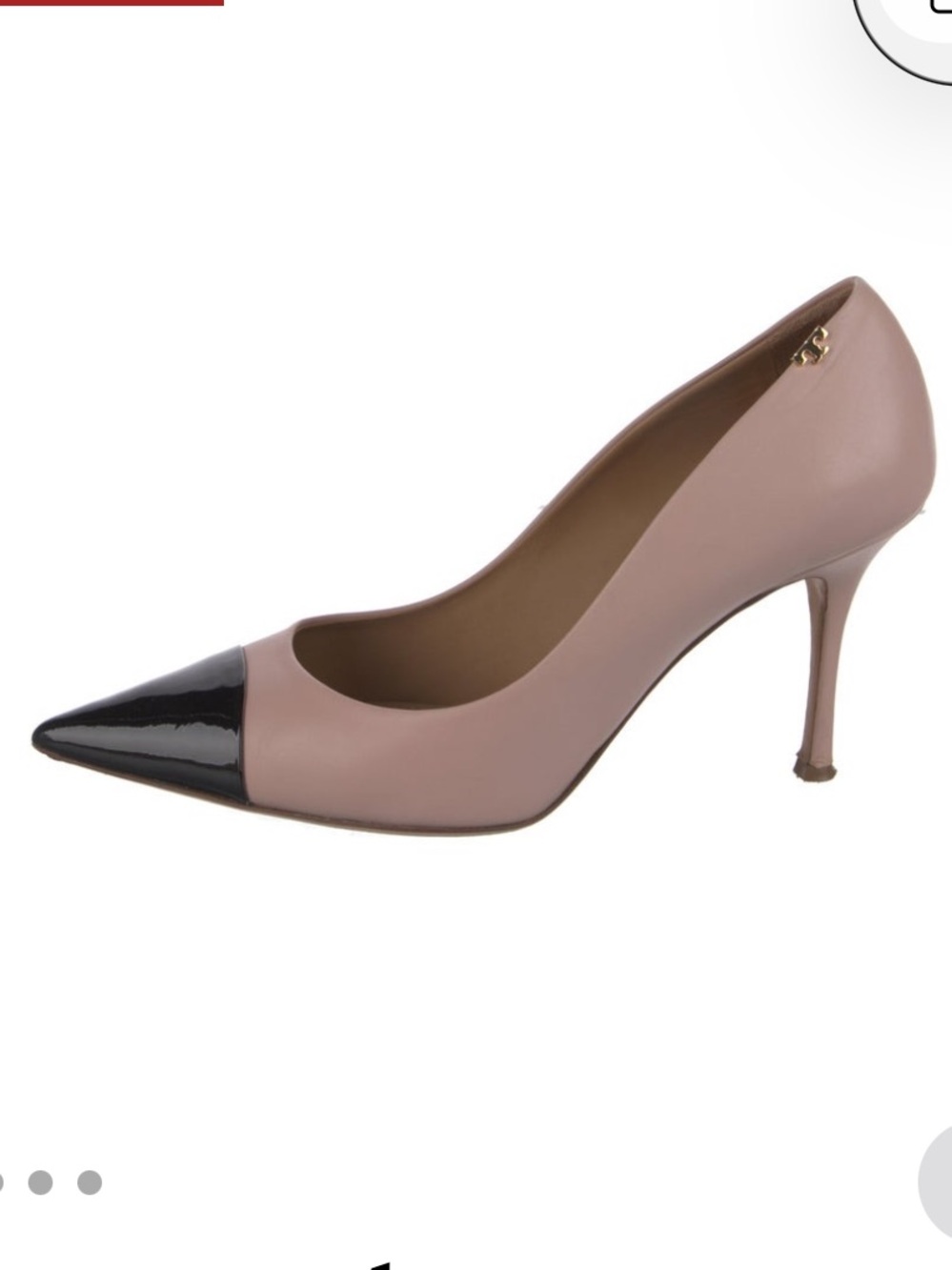 Tory Burch Blush Leather Pointed-Toe Pumps with Black Patent Cap